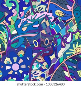 Tracery seamless pattern. Mehndi design. Ethnic colorful doodle texture. Curved doodling background. Vector