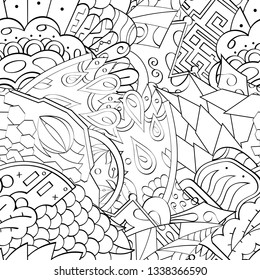 Tracery seamless pattern. Mehndi design. Ethnic monochrome binary doodle texture. Curved doodling black and white background. Vector