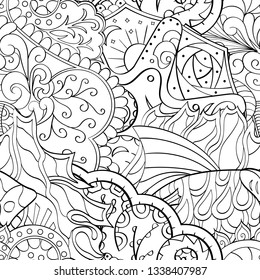 Tracery seamless pattern. Mehndi design. Ethnic monochrome binary doodle texture. Curved doodling black and white background. Vector
