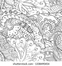 Tracery seamless pattern. Mehndi design. Ethnic monochrome binary doodle texture. Curved doodling black and white background. Vector