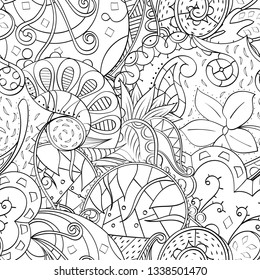Tracery seamless pattern. Mehndi design. Ethnic monochrome binary doodle texture. Curved doodling black and white background. Vector