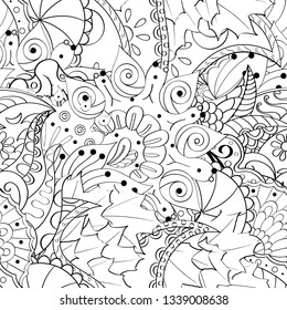 Tracery seamless pattern. Mehndi design. Ethnic monochrome binary doodle texture. Curved doodling black and white background. Vector