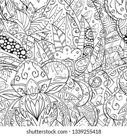 Tracery seamless pattern. Mehndi design. Ethnic monochrome binary doodle texture. Curved doodling black and white background. Vector