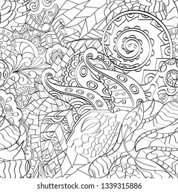 Tracery seamless pattern. Mehndi design. Ethnic monochrome binary doodle texture. Curved doodling black and white background. Vector