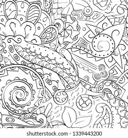 Tracery seamless pattern. Mehndi design. Ethnic monochrome binary doodle texture. Curved doodling black and white background. Vector