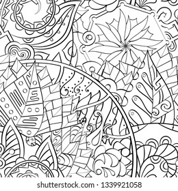 Tracery seamless pattern. Mehndi design. Ethnic monochrome binary doodle texture. Curved doodling black and white background. Vector