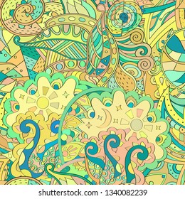 Tracery seamless pattern. Mehndi design. Ethnic colorful doodle texture. Curved doodling background. Vector