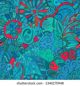 Tracery seamless pattern. Mehndi design. Ethnic colorful doodle texture. Curved doodling background. Vector