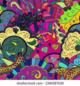 Tracery seamless pattern. Mehndi design. Ethnic colorful doodle texture. Curved doodling background. Vector