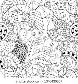 Tracery seamless pattern. Mehndi design. Ethnic monochrome binary doodle texture. Curved doodling black and white background. Vector