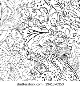 Tracery seamless pattern. Mehndi design. Ethnic monochrome binary doodle texture. Curved doodling black and white background. Vector