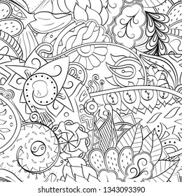Tracery seamless pattern. Mehndi design. Ethnic monochrome binary doodle texture. Curved doodling black and white background. Vector