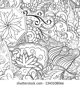 Tracery seamless pattern. Mehndi design. Ethnic monochrome binary doodle texture. Curved doodling black and white background. Vector