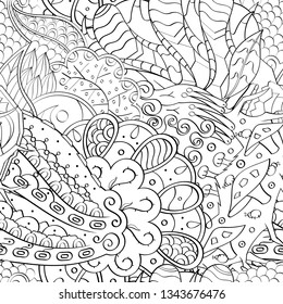 Tracery seamless pattern. Mehndi design. Ethnic monochrome binary doodle texture. Curved doodling black and white background. Vector