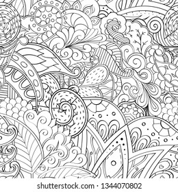 Tracery seamless pattern. Mehndi design. Ethnic monochrome binary doodle texture. Curved doodling black and white background. Vector