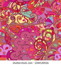 Tracery seamless pattern. Mehndi design. Ethnic colorful doodle texture. Curved doodling background. Vector