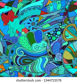 Tracery seamless pattern. Mehndi design. Ethnic colorful doodle texture. Curved doodling background. Vector