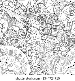 Tracery seamless pattern. Mehndi design. Ethnic monochrome binary doodle texture. Curved doodling black and white background. Vector