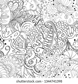 Tracery seamless pattern. Mehndi design. Ethnic monochrome binary doodle texture. Curved doodling black and white background. Vector