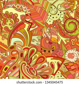 Tracery seamless pattern. Mehndi design. Ethnic colorful doodle texture. Curved doodling background. Vector
