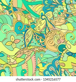 Tracery seamless pattern. Mehndi design. Ethnic colorful doodle texture. Curved doodling background. Vector
