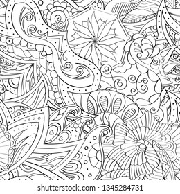 Tracery seamless pattern. Mehndi design. Ethnic monochrome binary doodle texture. Curved doodling black and white background. Vector