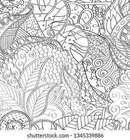 Tracery seamless pattern. Mehndi design. Ethnic monochrome binary doodle texture. Curved doodling black and white background. Vector
