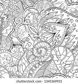 Tracery seamless pattern. Mehndi design. Ethnic monochrome binary doodle texture. Curved doodling black and white background. Vector