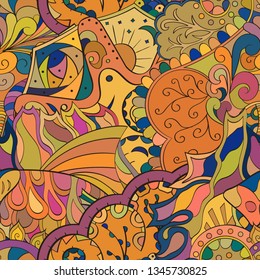 Tracery seamless pattern. Mehndi design. Ethnic colorful doodle texture. Curved doodling background. Vector