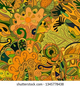 Tracery seamless pattern. Mehndi design. Ethnic colorful doodle texture. Curved doodling background. Vector