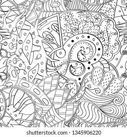 Tracery seamless pattern. Mehndi design. Ethnic monochrome binary doodle texture. Curved doodling black and white background. Vector