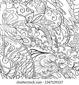 Tracery seamless pattern. Mehndi design. Ethnic monochrome binary doodle texture. Curved doodling black and white background. Vector