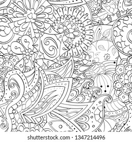 Tracery seamless pattern. Mehndi design. Ethnic monochrome binary doodle texture. Curved doodling black and white background. Vector