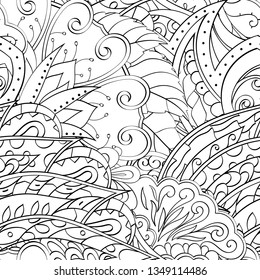 Tracery seamless pattern. Mehndi design. Ethnic monochrome binary doodle texture. Curved doodling black and white background. Vector