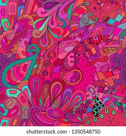 Tracery seamless pattern. Mehndi design. Ethnic colorful doodle texture. Curved doodling background. Vector