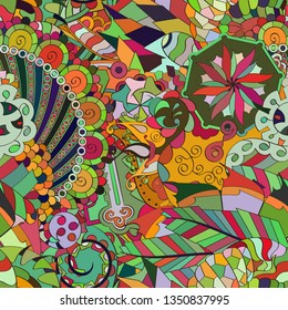 Tracery seamless pattern. Mehndi design. Ethnic colorful doodle texture. Curved doodling background. Vector