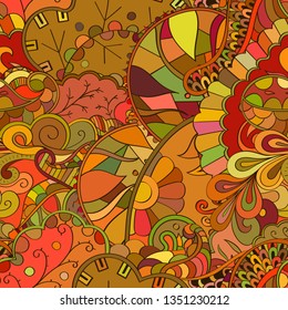 Tracery seamless pattern. Mehndi design. Ethnic colorful doodle texture. Curved doodling background. Vector