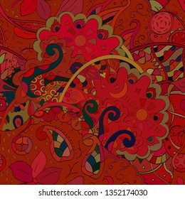 Tracery seamless pattern. Mehndi design. Ethnic colorful doodle texture. Curved doodling background. Vector