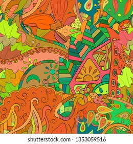 Tracery seamless pattern. Mehndi design. Ethnic colorful doodle texture. Curved doodling background. Vector