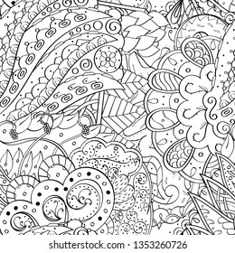 Tracery seamless pattern. Mehndi design. Ethnic monochrome binary doodle texture. Curved doodling black and white background. Vector