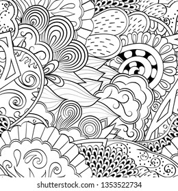 Tracery seamless pattern. Mehndi design. Ethnic monochrome binary doodle texture. Curved doodling black and white background. Vector
