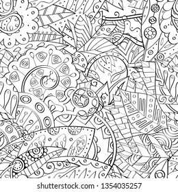 Tracery seamless pattern. Mehndi design. Ethnic monochrome binary doodle texture. Curved doodling black and white background. Vector