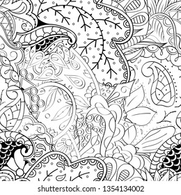 Tracery seamless pattern. Mehndi design. Ethnic monochrome binary doodle texture. Curved doodling black and white background. Vector