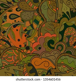 Tracery seamless pattern. Mehndi design. Ethnic colorful doodle texture. Curved doodling background. Vector