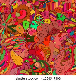 Tracery seamless pattern. Mehndi design. Ethnic colorful doodle texture. Curved doodling background. Vector