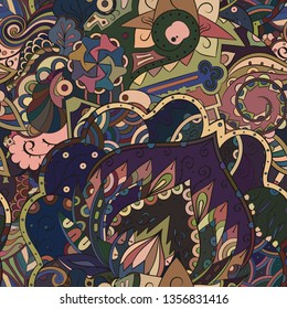 Tracery seamless pattern. Mehndi design. Ethnic colorful doodle texture. Curved doodling background. Vector