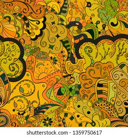 Tracery seamless pattern. Mehndi design. Ethnic colorful doodle texture. Curved doodling background. Vector