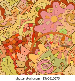 Tracery seamless pattern. Mehndi design. Ethnic colorful doodle texture. Curved doodling background. Vector