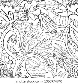 Tracery seamless pattern. Mehndi design. Ethnic monochrome binary doodle texture. Curved doodling black and white background. Vector