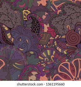 Tracery seamless pattern. Mehndi design. Ethnic colorful doodle texture. Curved doodling background. Vector